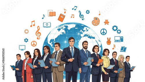 Diverse business team standing in front of globe with global communication and education icons concept for international business and