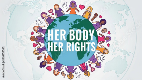 Diverse women circle the globe with Her Body Her Rights text symbolizing global unity and empowerment for womens rights