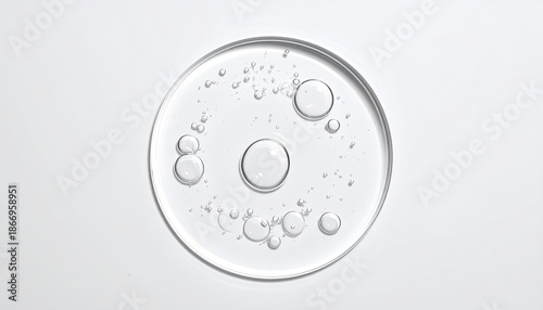 Clear liquid with bubbles in a glass petri dish