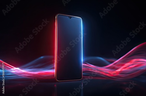 Modern smartphone with gold trim, surrounded by vibrant red and blue neon light trails