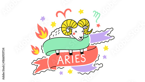 Whimsical Aries Zodiac ram illustration with golden horns and a playful banner, ideal for horoscope and astrology concepts