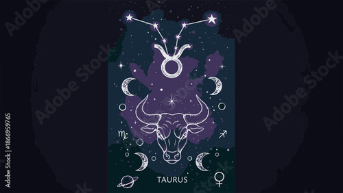 Mystical Taurus Zodiac Astrological Sign Illustration with Celestial Stars and Moon Phases, Esoteric Symbolism