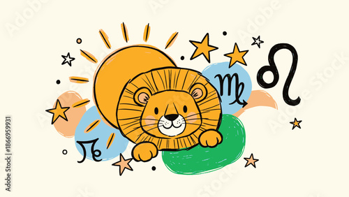 Whimsical Cartoon Leo Lion Zodiac Art with Celestial Elements, Perfect for Astrology Enthusiasts and Spiritual Designs