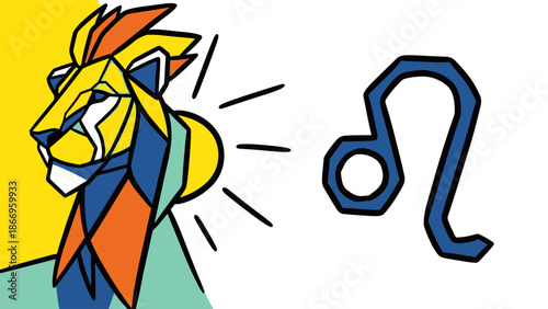 Colorful geometric lion next to the distinct Leo zodiac symbol, representing powerful identity, courage, and astrological personality traits