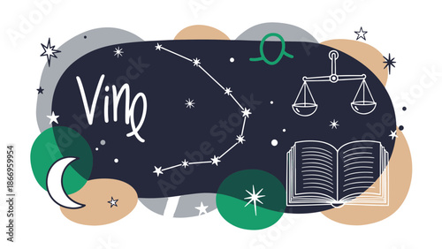 Zodiac design Libra scales, wisdom book, celestial elements. Astrological balance and cosmic guidance