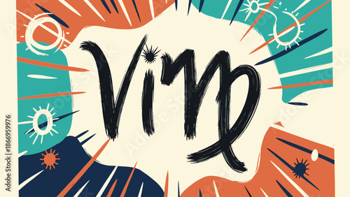 Astrological Virgo Zodiac symbol, dynamically illustrated with hand-drawn typography and a retro-style energy burst