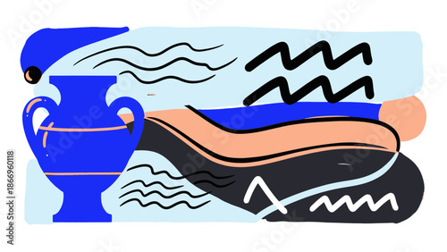 Vibrant abstract illustration of a blue amphora amidst swirling shapes, creatively symbolizing the flowing essence of the Aquarius Zodiac