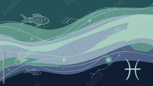 Artistic blue and green illustration of the Pisces Zodiac sign, showing ethereal fish in tranquil waves and subtle celestial dots