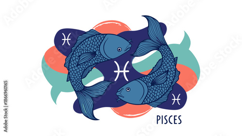 Elegant Pisces Zodiac symbol with two intertwining fish on abstract background representing astrology and ancient duality