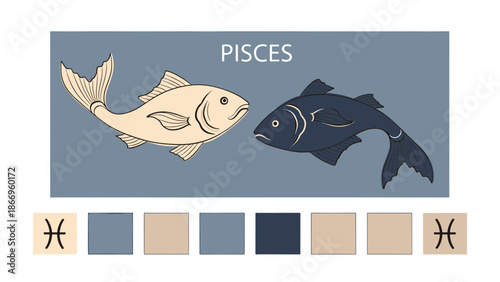 Captivating graphic design symbolizing the ethereal Pisces Zodiac sign, highlighting two aquatic creatures in a serene and mystical concept, representing astrological harmony