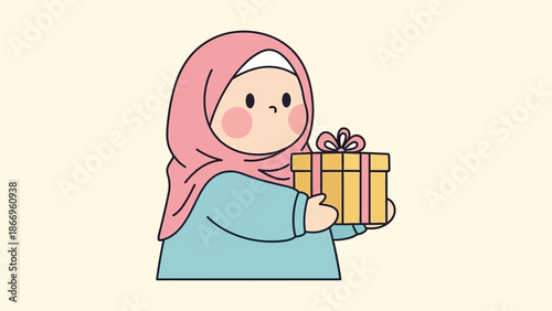 Cute cartoon girl in pink hijab holding a gift box with a bow