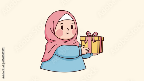Smiling woman in pink hijab holding wrapped gift box