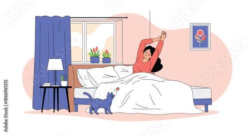 Young woman happily waking up and stretching in bed in a cozy sunlit bedroom, with her pet cat sitting by her side.
