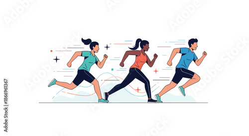 Diverse group of athletic people running a marathon or training together, conveying speed, motion, and a healthy lifestyle.