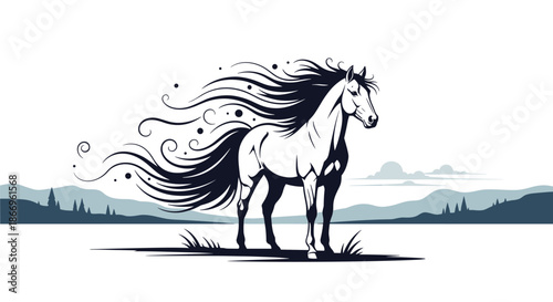 Majestic black and white illustration of a wild horse with a long, flowing mane standing gracefully in a stylized landscape.