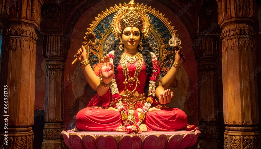 Fototapeta premium Beautifully Crafted Statue of Hindu Goddess Adorned with Ornate Jewelry and Regal Crown.