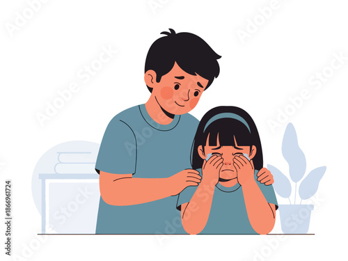 Modern flat illustration of a child showing empathy by comforting a friend, ideal for mental health education, parenting materials, and emotional learning content