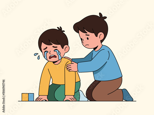 Modern flat illustration of a child showing empathy by comforting a friend, ideal for mental health education, parenting materials, and emotional learning content