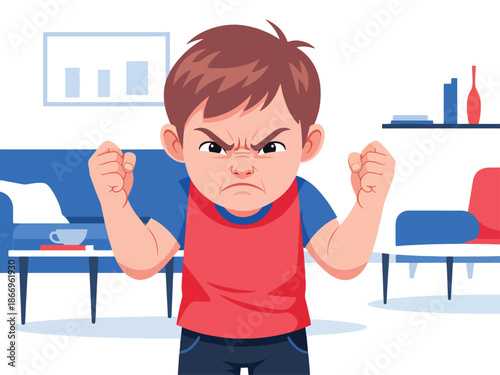 Flat vector illustration of an angry child with expressive gestures, ideal for emotional education, behavior guides, and parenting resources