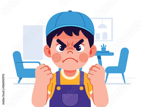 Flat vector illustration of an angry child with expressive gestures, ideal for emotional education, behavior guides, and parenting resources