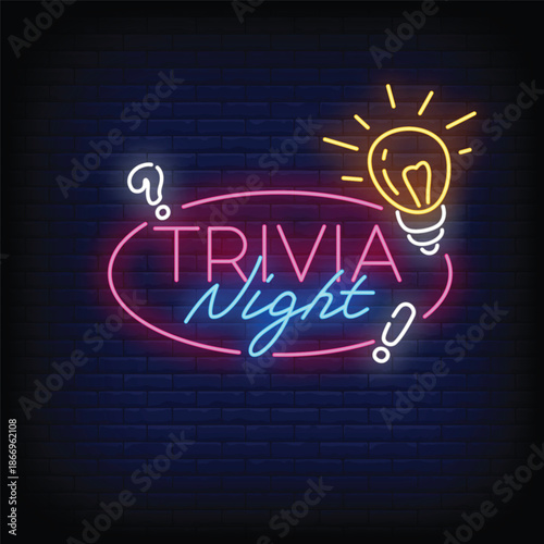 trivia night neon signboard with brick wall background vector