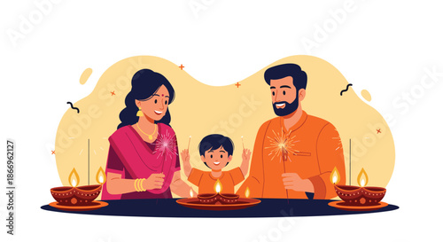 Happy Indian family celebrating the festival of Diwali together, lighting traditional oil lamps and playing with sparklers.