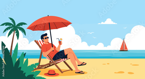 Young man relaxing on a tropical beach, sitting in a deck chair under an umbrella and enjoying a cocktail on his summer vacation.