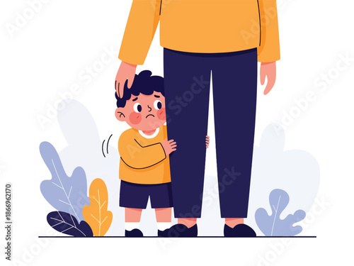 Modern flat design of a shy child behind parent with gentle body language, ideal for social emotion lessons, parenting materials, and child development content
