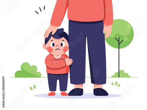 Modern flat design of a shy child behind parent with gentle body language, ideal for social emotion lessons, parenting materials, and child development content