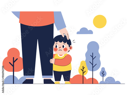 Modern flat design of a shy child behind parent with gentle body language, ideal for social emotion lessons, parenting materials, and child development content