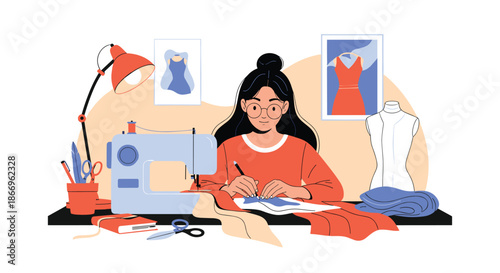 Female fashion designer or seamstress working at her desk, drawing sketches and using a sewing machine to create new clothes.