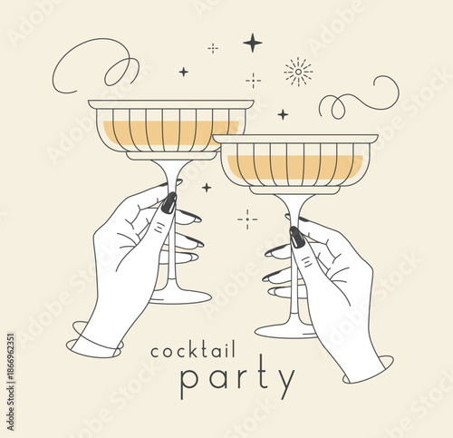 Line art hands with cocktails and firework. Cocktail party. Celebration toast with two cocktail glasses. Vector illustration