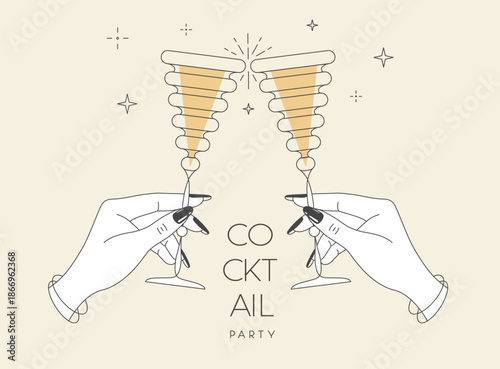 Line art hands with cocktails and firework. Cocktail party. Celebration toast with two cocktail glasses. Vector illustration