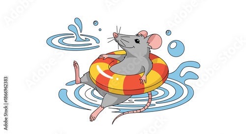 Cute cartoon gray mouse relaxing in the water, floating on a red and yellow inflatable ring on a hot summer day.