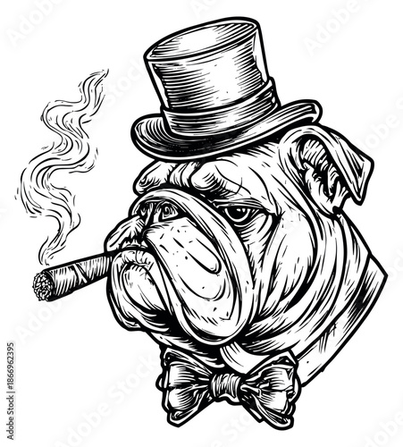Hand drawn line art illustration of a bulldog depicting a dapper gentleman wearing a top hat and smoking a cigar for animal character design