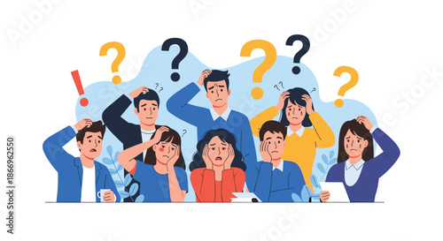 Confused and anxious group of people scratching their heads with large question marks above them, showing doubt and uncertainty.