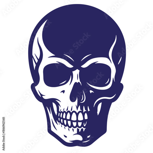 Human skull in a graphic illustration style with a menacing expression on a white background