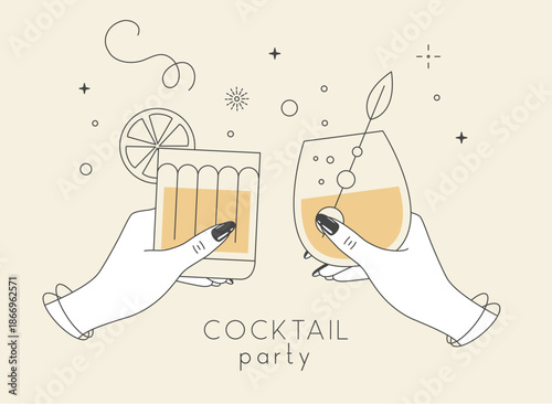 Line art hands with cocktails and firework. Cocktail party. Celebration toast with two cocktail glasses. Vector illustration