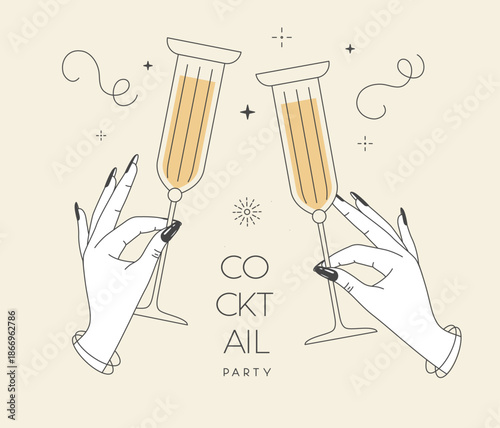 Line art hands with cocktails and firework. Cocktail party. Celebration toast with two cocktail glasses. Vector illustration