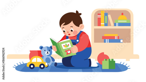 Modern flat illustration of a curious child exploring an object, ideal for education, learning materials, and early childhood development visuals