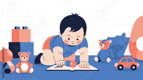 Modern flat illustration of a curious child exploring an object, ideal for education, learning materials, and early childhood development visuals