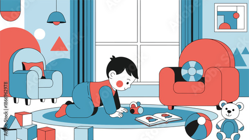 Modern flat illustration of a curious child exploring an object, ideal for education, learning materials, and early childhood development visuals