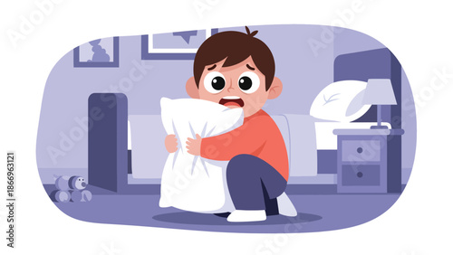 Flat vector artwork of a scared child holding a plush toy, ideal for emotional awareness, health education, and children’s therapy materials