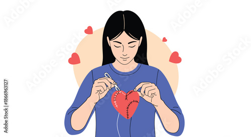 Young woman with a peaceful expression carefully sewing a patched-up red heart, symbolizing self-love and emotional healing.