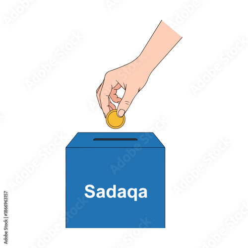 Charity donation concept: placing a coin into a blue box labeled Sadaqa, encouraging generosity.
