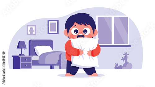 Flat vector artwork of a scared child holding a plush toy, ideal for emotional awareness, health education, and children’s therapy materials
