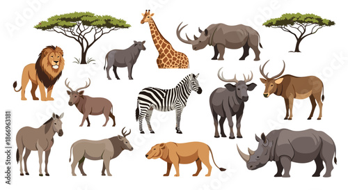 Collection of various African safari animals, including a lion, giraffe, zebra, rhino, and antelope, isolated on white.