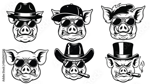 Illustration of six cartoon pigs wearing different hats and sunglasses on a white background.