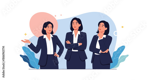 Set of three vector illustrations of a confident Asian businesswoman in a suit, shown in different poses and expressions.
