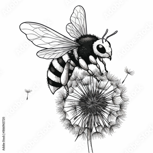 Detailed illustration of a bee perched on a dandelion puff.